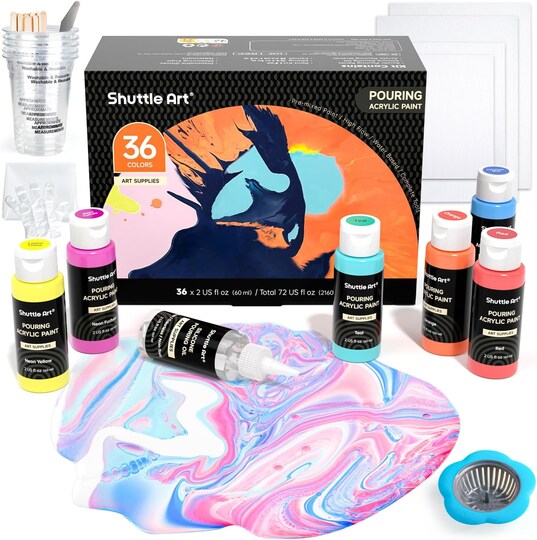 Citrus; Acrylic Pouring Paint, Set of 36 Bottles (2 oz/60ml) Pre-Mixed High-Flow Pouring Supplies with Canvas, Silicone Oil, Measuring Cups, Tablecloths, Complete Paint Pouring Kit; Category:Acrylic Paint Sets; Image:1